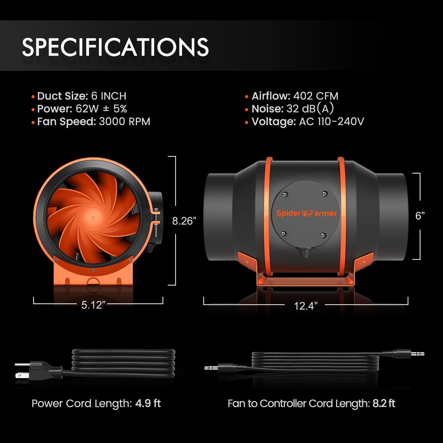 Spider Farmer 6 Inch Inline Duct Fan Exhaust Fan with Speed Controller